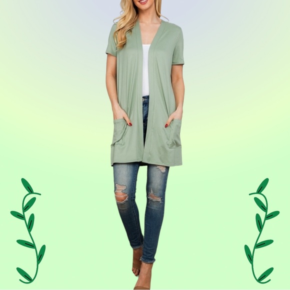 You & Me Short Sleeve Open Front Cardigan w/Pockets Women’s S (4/6) Sage - Picture 2 of 11